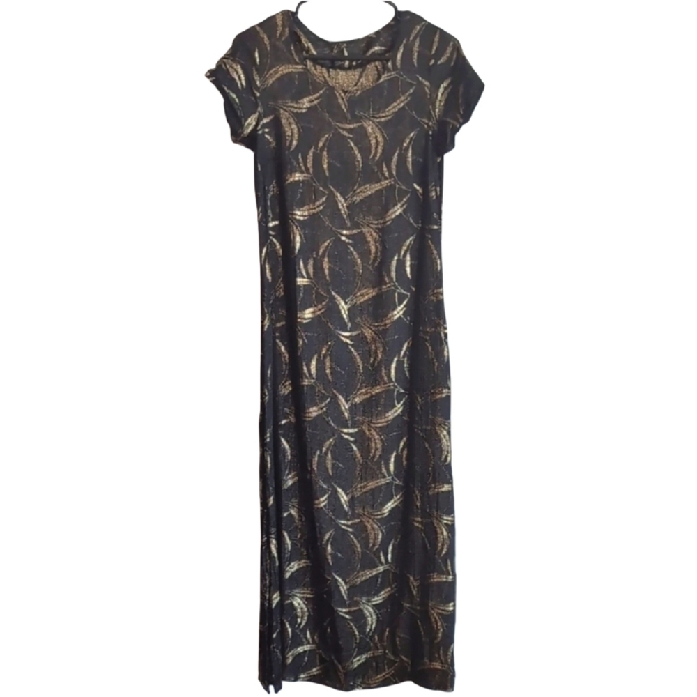 Vintage Women Medium Sheer Black Gold‎ Metallic Pattern Short Sleeve Maxi Dress
